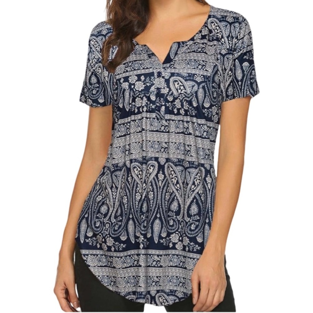 Halife Blouse. Size L. Blue and cream. V neck with buttons. Flowy. Cute!